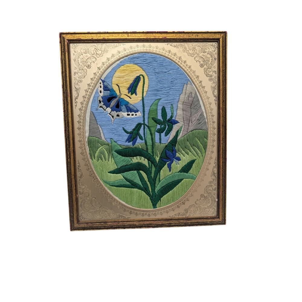Framed Crewel Embroidery Wall Art - 1970s Finished Blue Butterfly Needlepoint